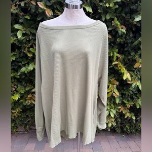 Free People Olive Waffle Knit Long Sleeve Top